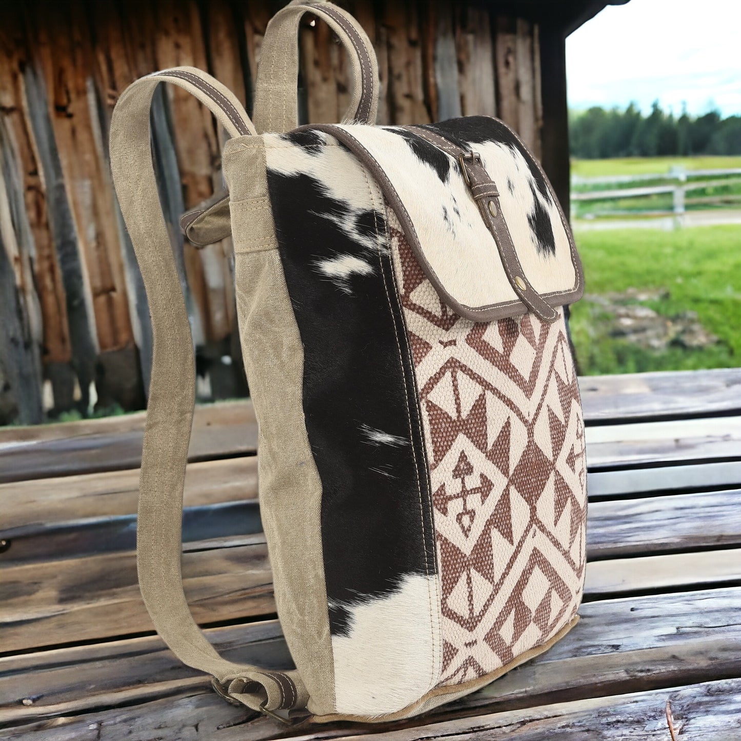 Canvas Pattern and Fur Medium Backpack